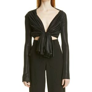 NEW Weinsanto Draped Plunge Neck Tie Front Cropped Black Top